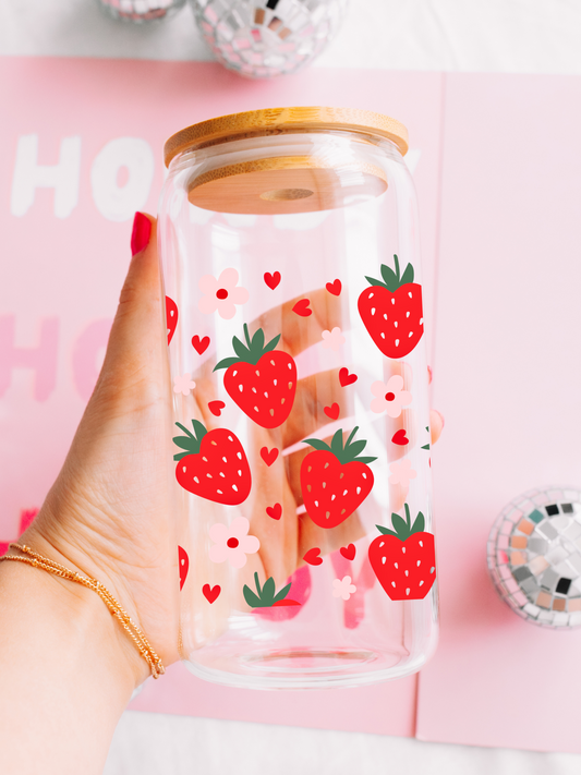 Berry Strawberry - 16oz Iced Coffee Glass Can Cup